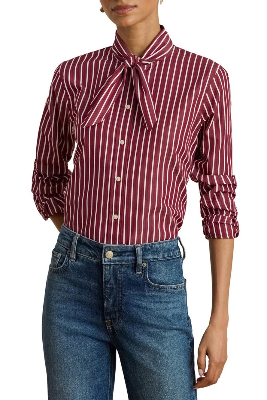 Lauren Ralph Lauren Women Striped Broadcloth Tie-Neck Button-Up Shirt Size US 16